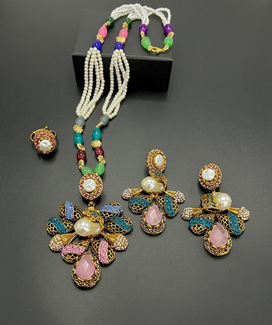 Ottoman Multi Pearl Mala Set With Ring